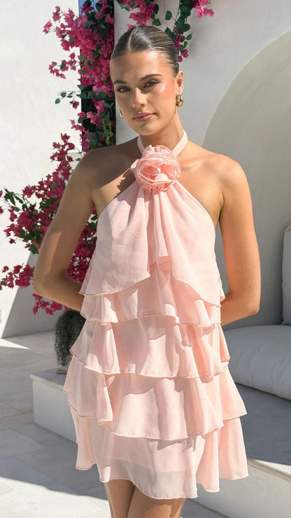 Damen Rüschenkleid Halterneck Mehrlagig Eveloria