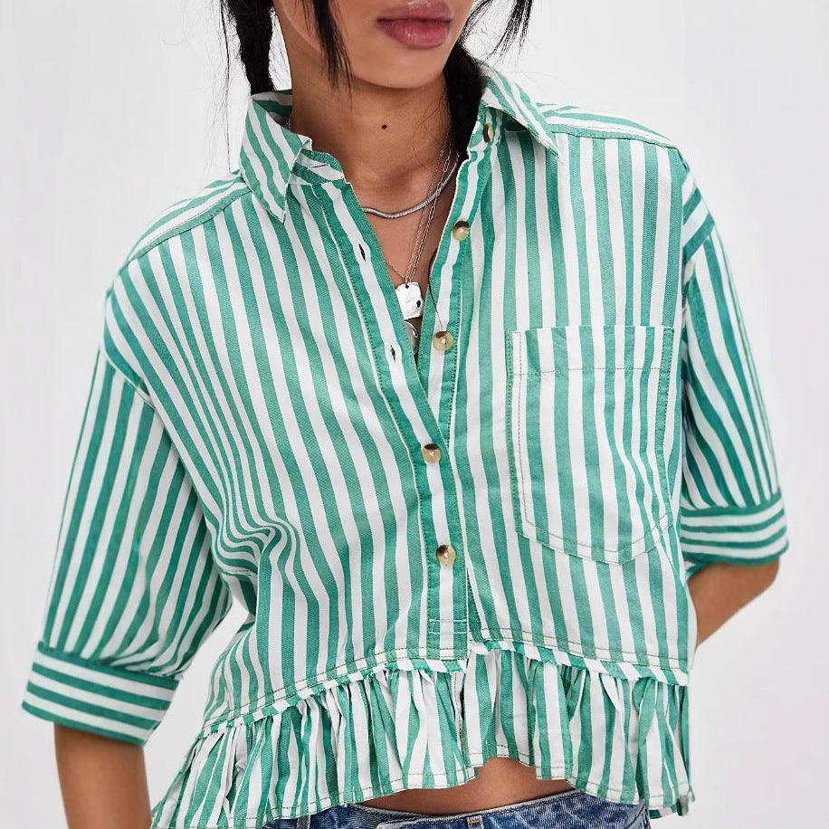 Damen Bluse Gestreift Volantabschluss Lässig - Eveloria