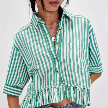 Damen Bluse Gestreift Volantabschluss Lässig - Eveloria