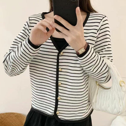 Damen Cardigan Gestreift V-Ausschnitt Elegante Knöpfe