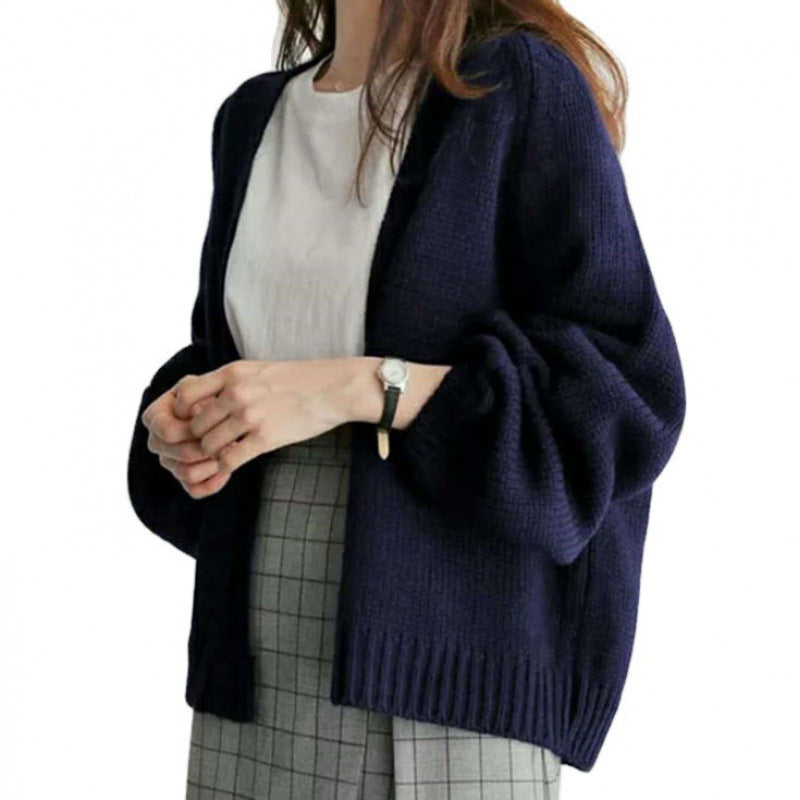 Damen Strickjacke Weite Ärmel Offener Schnitt Beige Eveloria