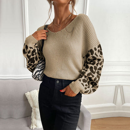 Damen Strickpullover Animal-Print Ärmel