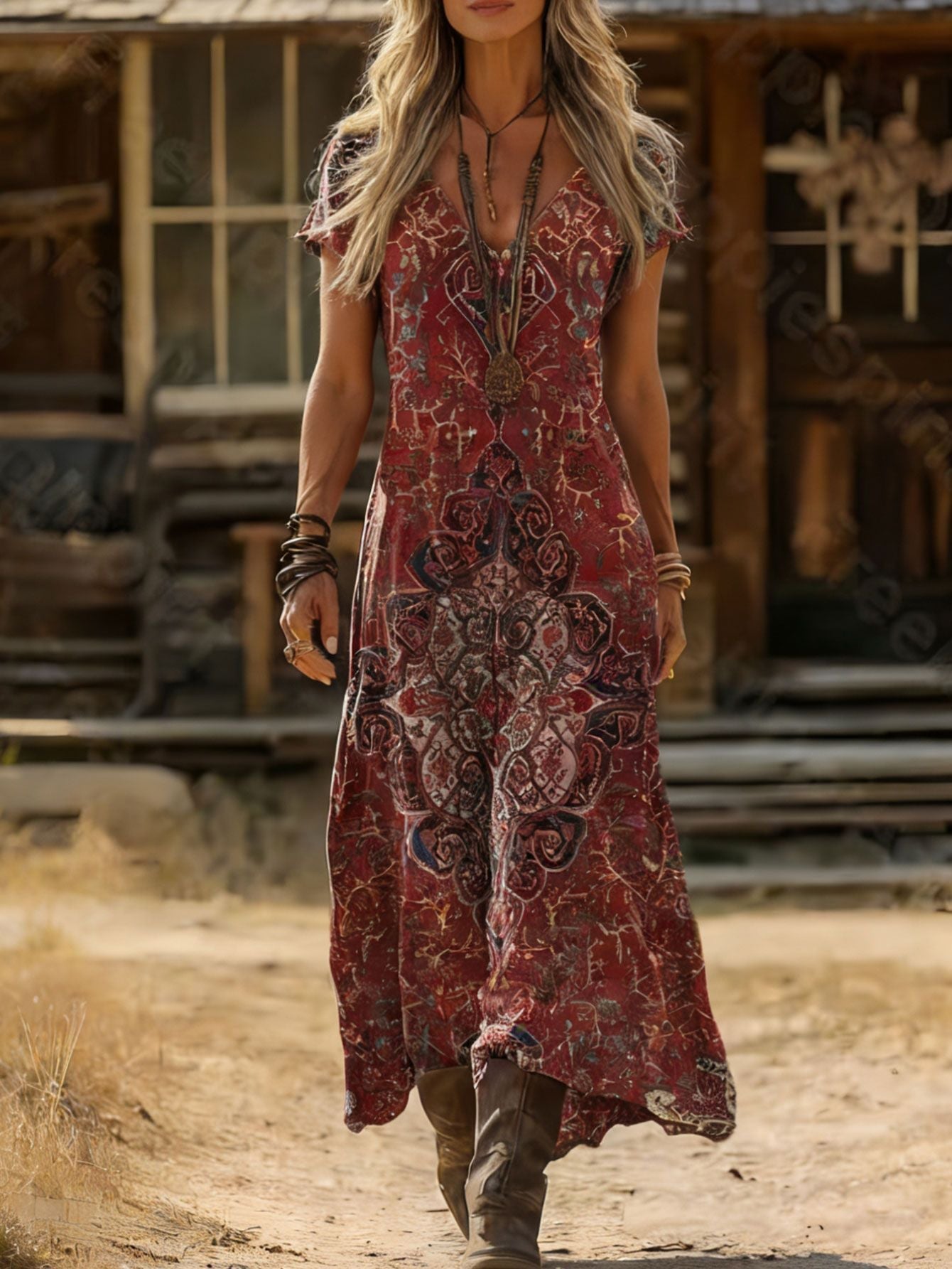 Damen Maxikleid V-Ausschnitt Kunstdruck Eveloria