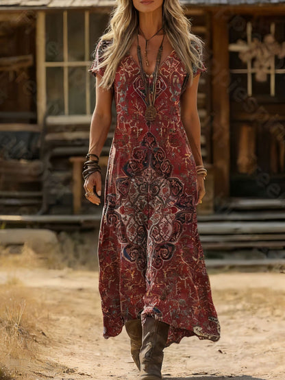 Damen Maxikleid V-Ausschnitt Kunstdruck Eveloria