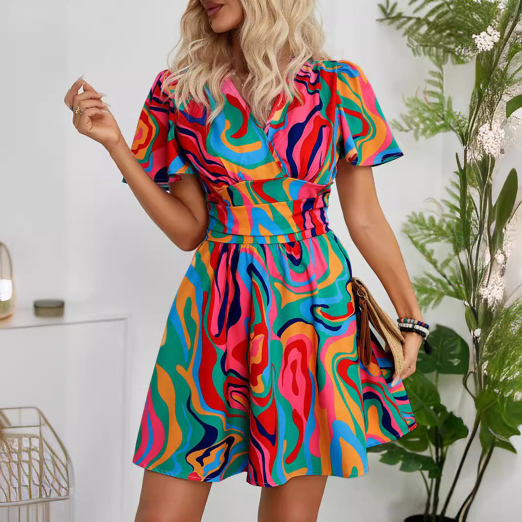 Damen Kurzarmkleid Wellenmuster Tailliert Eveloria
