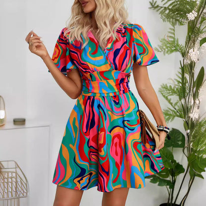 Damen Kurzarmkleid Wellenmuster Tailliert Eveloria