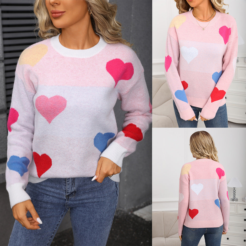 Damen Pullover Herzmotiv Strukturiert Rosa - Eveloria