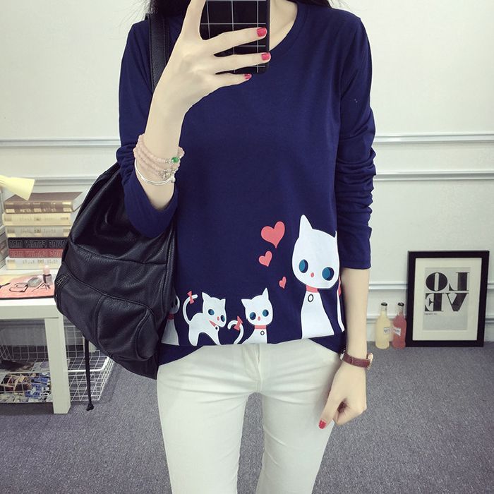 Damen Langarm-Shirt Katzenmotiv Eveloria
