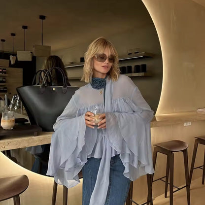 Damen Bluse Rüschendesign Voluminös Ärmel Weit