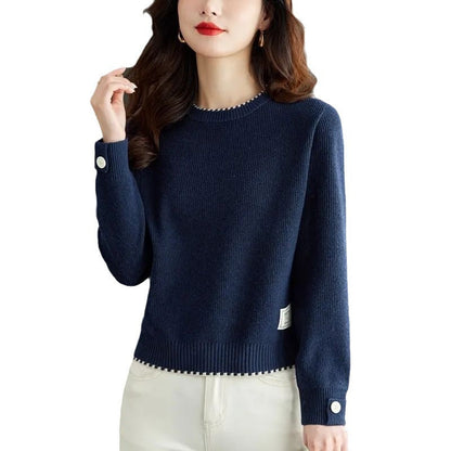 Damen Strickpullover Feine Ribstruktur Modische Knöpfe Eveloria