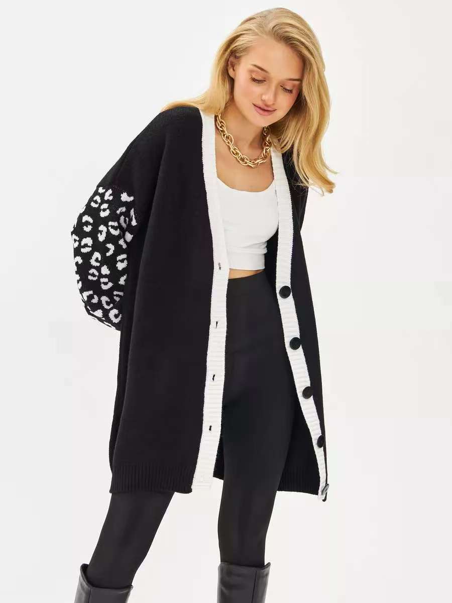 Damen Cardigan Extralang Tiermuster Knöpfe
