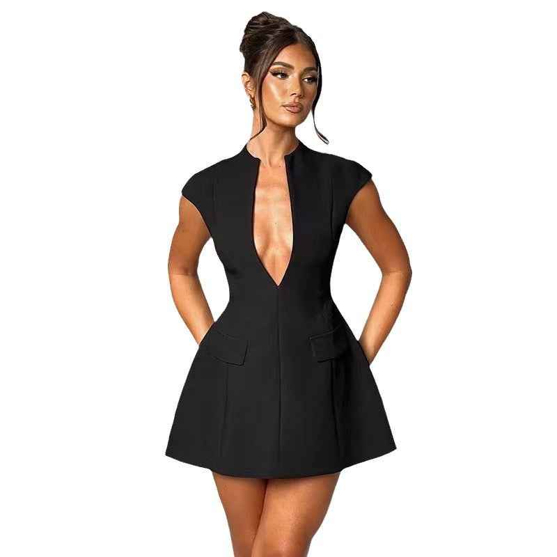 Damen Kurzkleid V-Ausschnitt mit Taschen Eveloria