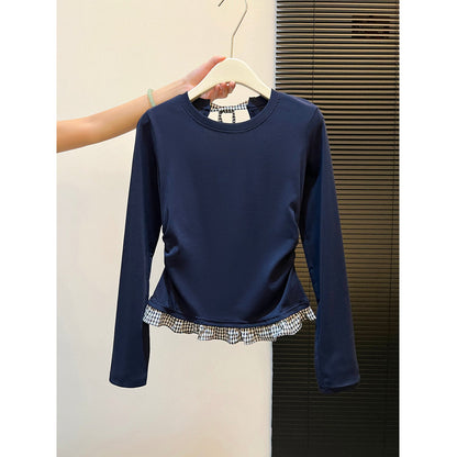 Damen Langarmshirt Asymmetrischer Rüschenrand Dekoratives Rückenteil
