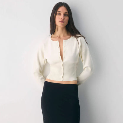 Damen Strickjacke Cropped Rippstrick mit Knöpfen Beige