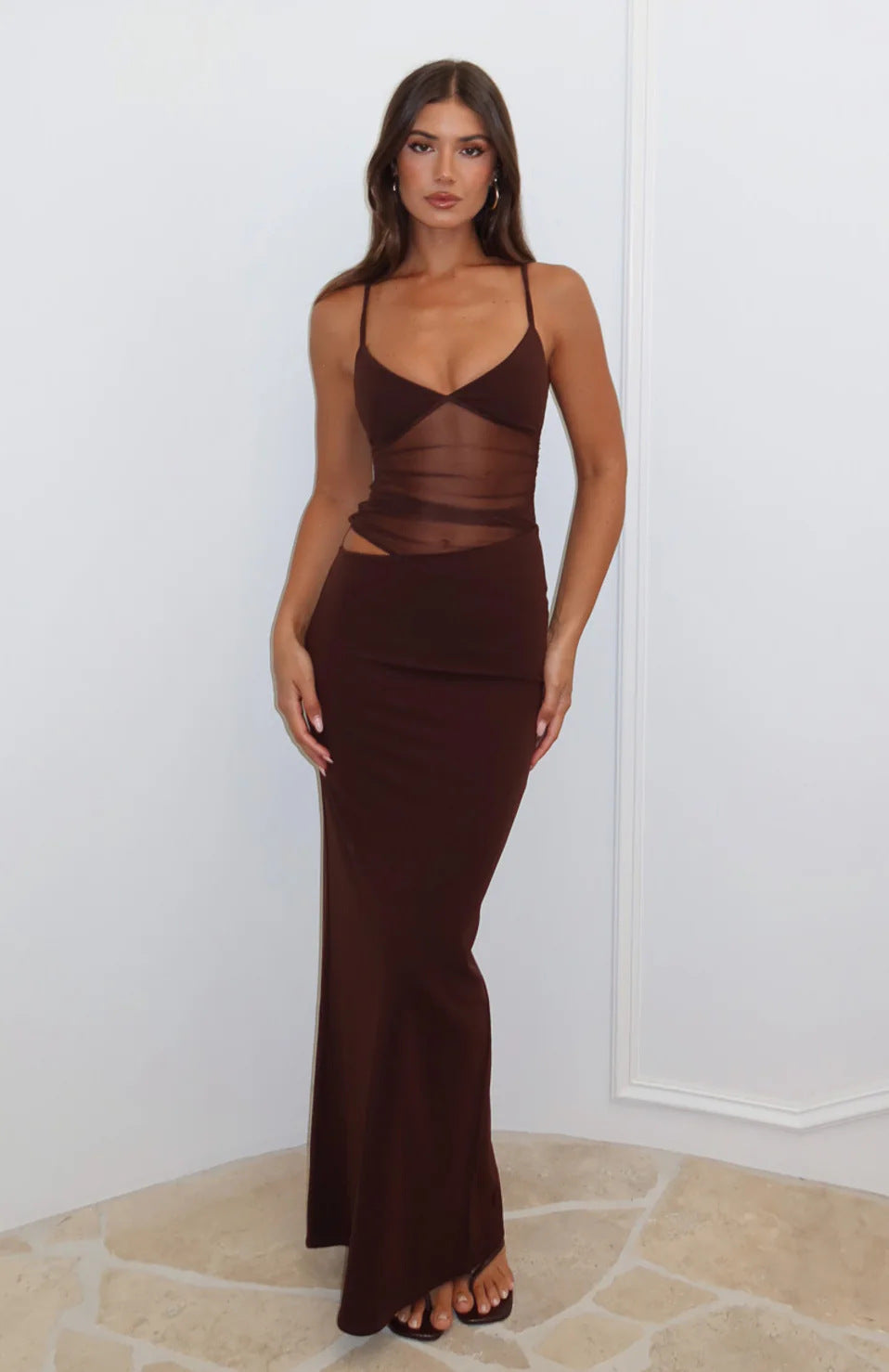 Damen Maxikleid Transparenter Oberteil Figurbetont Eveloria