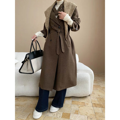 Damen Mantel Lang Abnehmbarer Kragen Taschen Eveloria