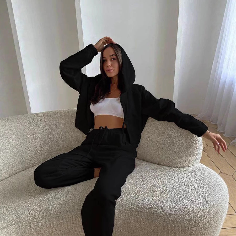 Damen Sportliches Kapuzen-Set Cropped Oberteil Jogginghosen