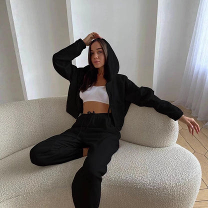 Damen Sportliches Kapuzen-Set Cropped Oberteil Jogginghosen