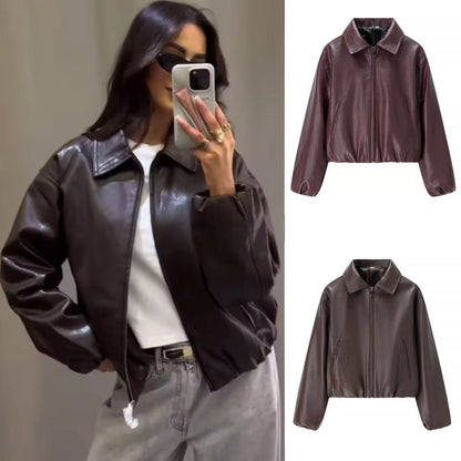 Damen Kunstlederjacke Elastischer Bund Schwarz Eveloria - Eveloria