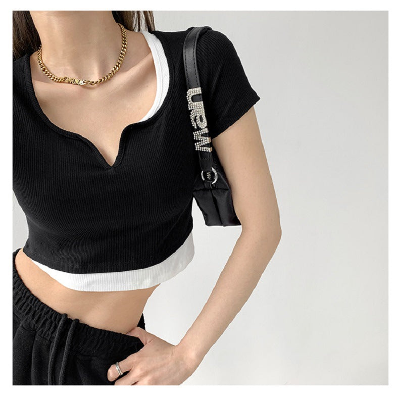 Damen Cropped V-Ausschnitt Textur