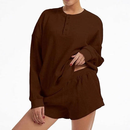 Damen Oversized Pullover Shorts Set Baumwolle Beige