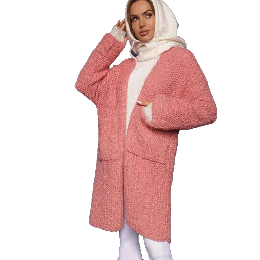 Damen Oversized Strickjacke V-Ausschnitt Taschen Beige