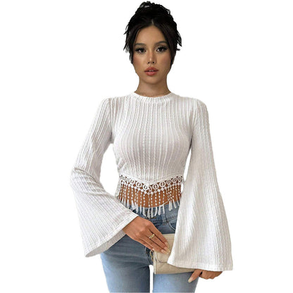 Damen Crop-Oberteil mit Trompetenärmel Spitze