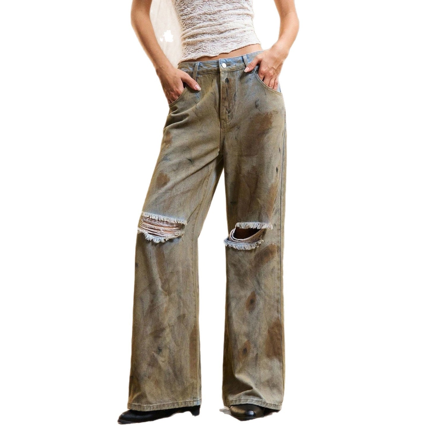 Damen Weite Jeanshose Distressed Details Blau Eveloria