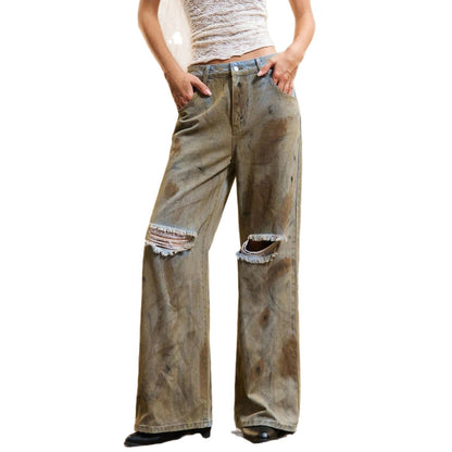 Damen Weite Jeanshose Distressed Details Blau Eveloria