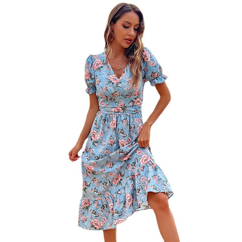 Damen Midikleid Floral Rüschendetails Taillierung