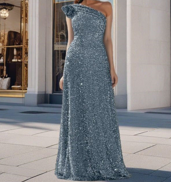 Damen Maxikleid Schulterfrei Pailletten