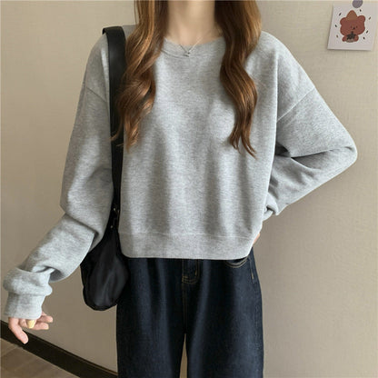 Damen Cropped Pullover Weicher Baumwollmix Rundhalsausschnitt Beige