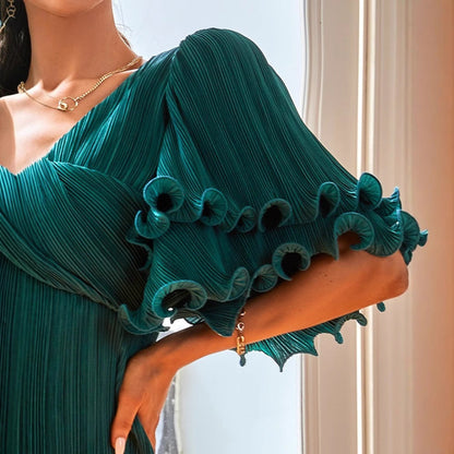 Damen Wickelkleid Plissiert Voluminöse Rüschen