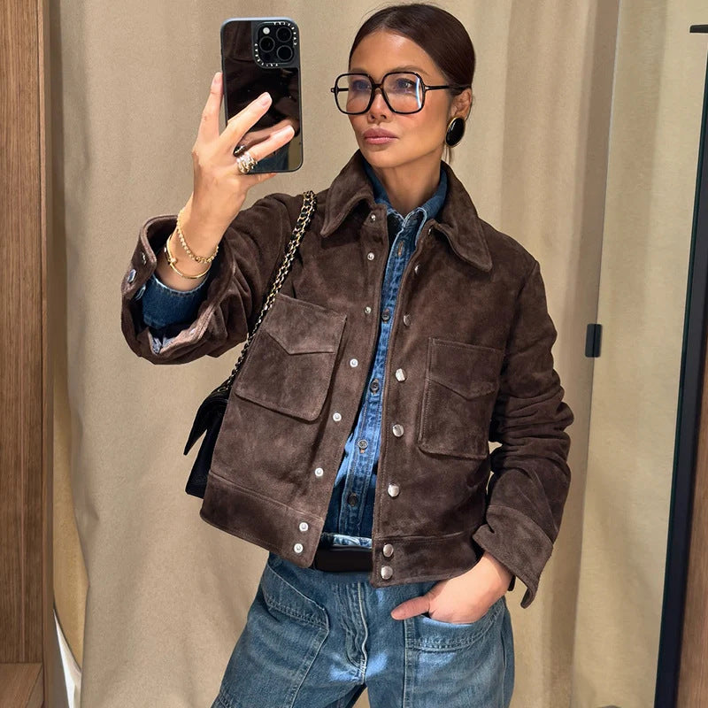 Damen Wildlederjacke Mit Taschen Eveloria