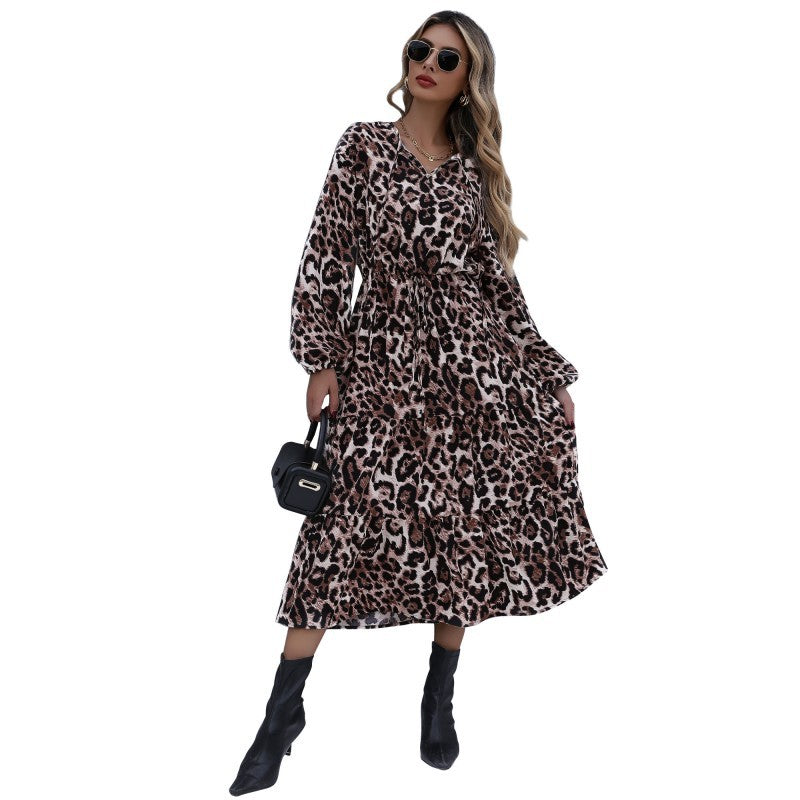 Damen Midi Wickelkleid Leoprint Rüschen Elegant