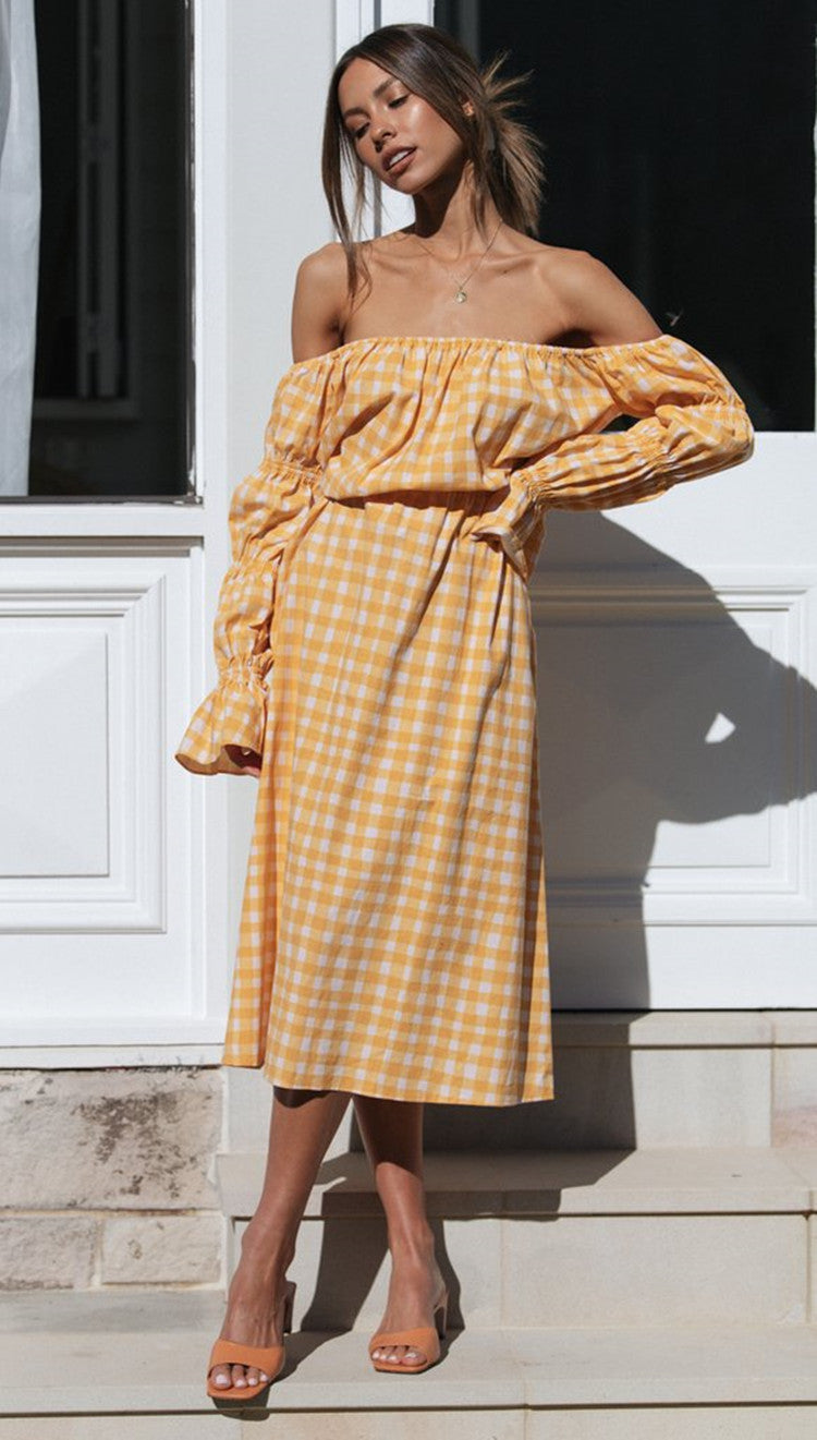 Damen Midikleid Off-Shoulder Kariert Elastisch -Weiß