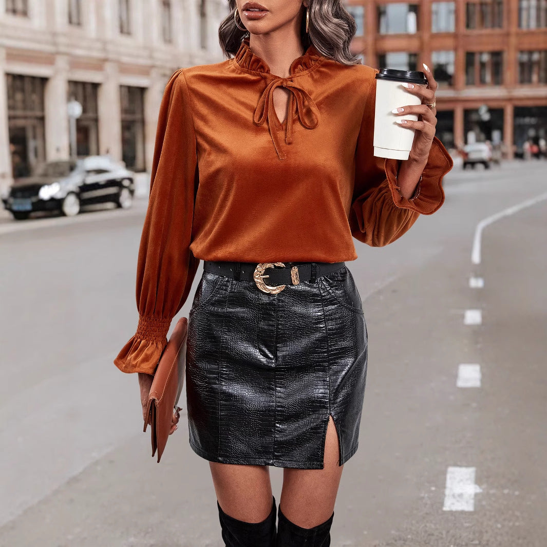 Damen Bluse Samt Rüschendetails Elegant