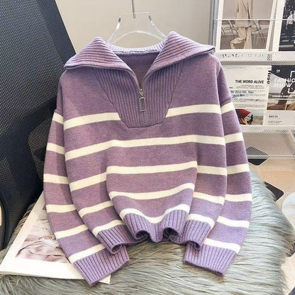 Damen Strickpullover Hochkragen Reißverschluss Grau Eveloria