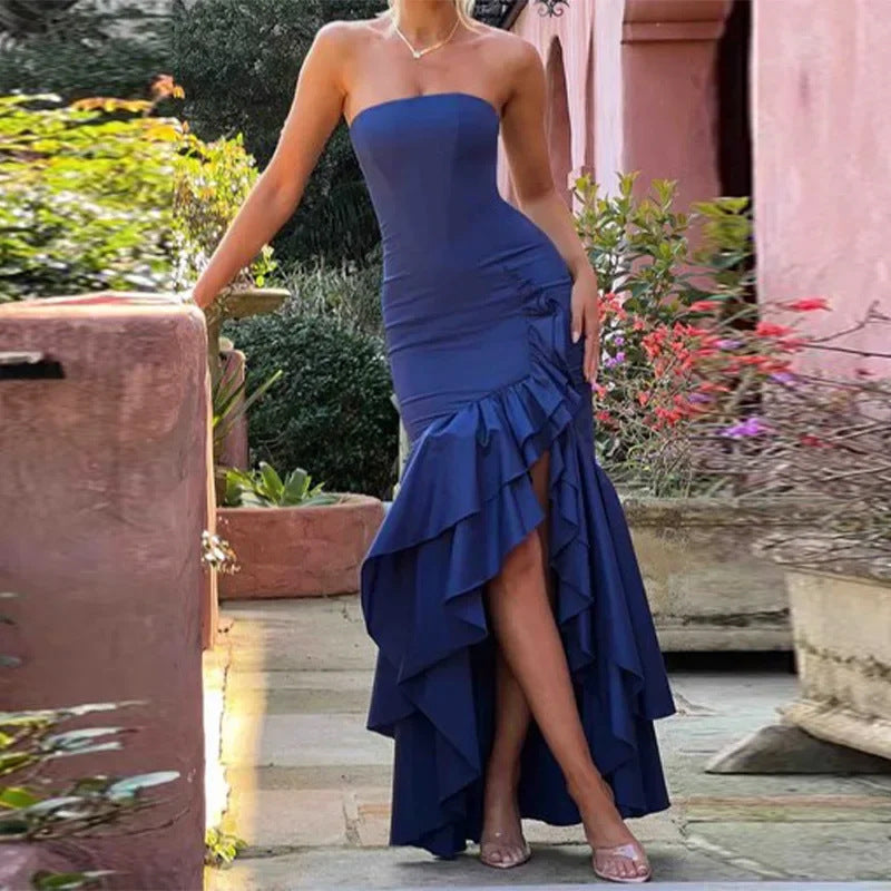 Damen Hochzeitskleid Rüschen Hocher Schlitz Eveloria - Eveloria