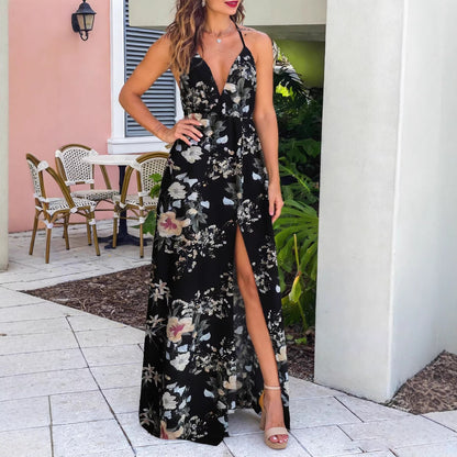 Damen Maxikleid A-Linie V-Ausschnitt Blumenmuster Eveloria