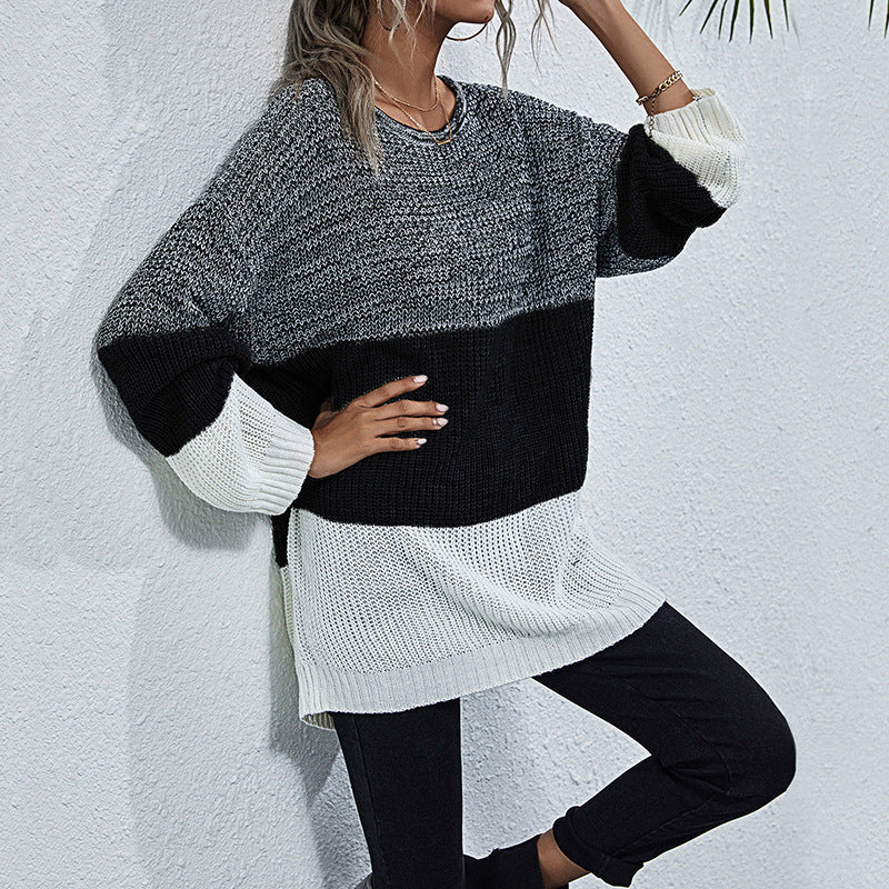 Damen Strickpullover Oversized Farbwechsel Grau