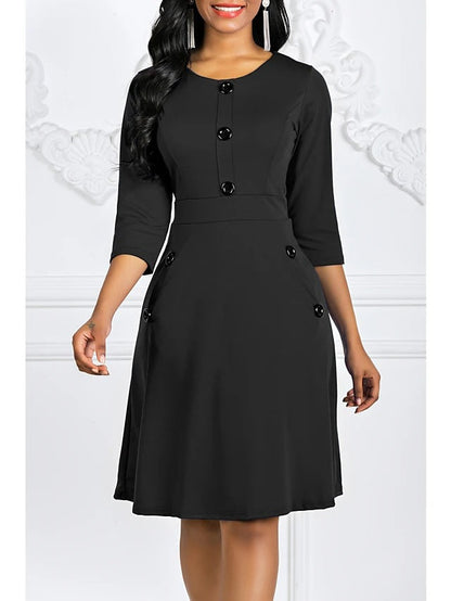 Eveloria Damen Kleid Knieumspielend 3/4-Ärmel Schmuckknöpfe