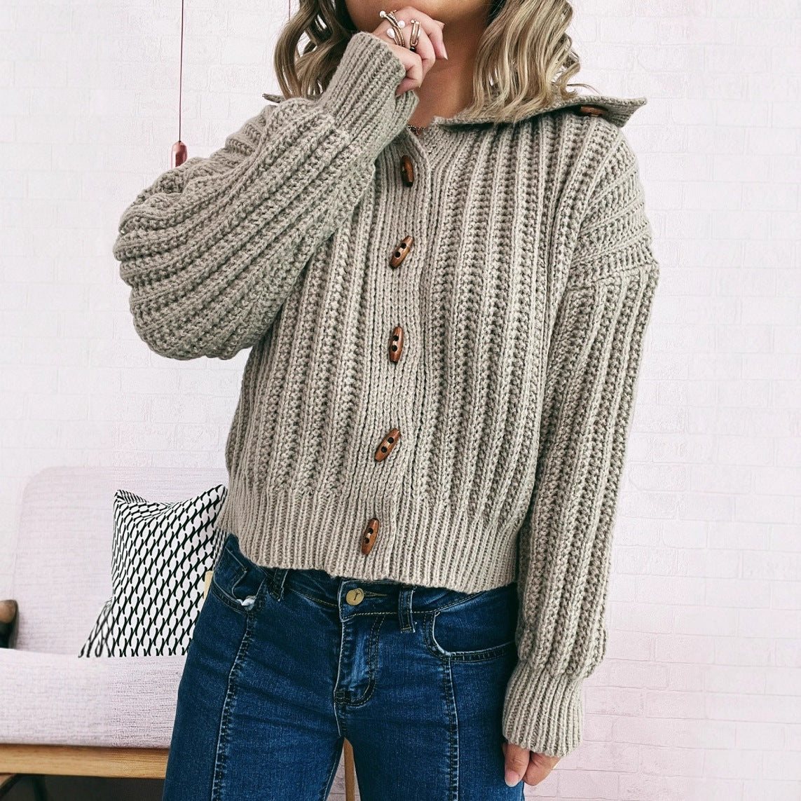 Damen Strickcardigan mit Knöpfen und Kapuze - Eveloria
