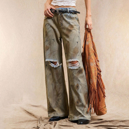 Damen Weite Jeanshose Distressed Details Blau Eveloria