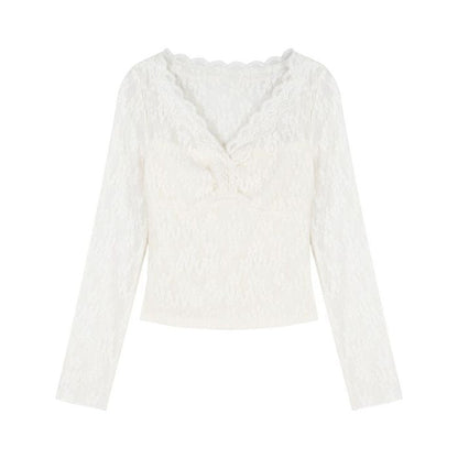 Damen Spitzenbluse V-Ausschnitt Rüschendetails