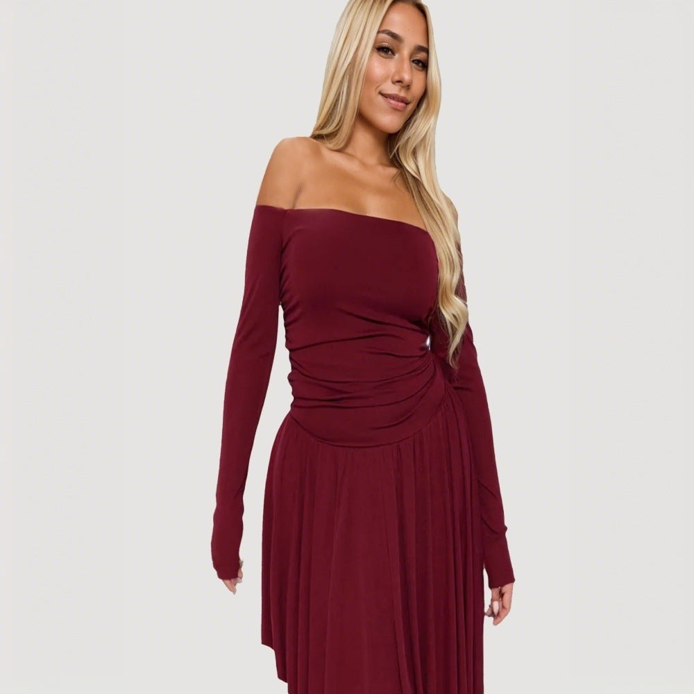 Damen Off-Shoulder Midi-Kleid Asymmetrisch Langärmlig Eveloria