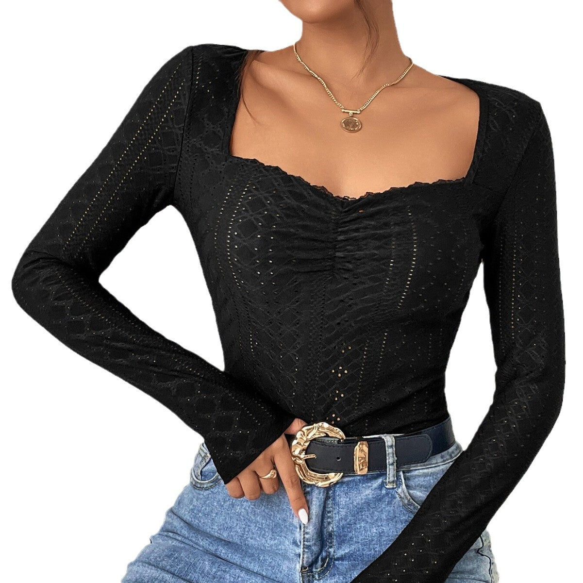 Damen Langarm-Bodysuit Quadratischer Ausschnitt Rüschen