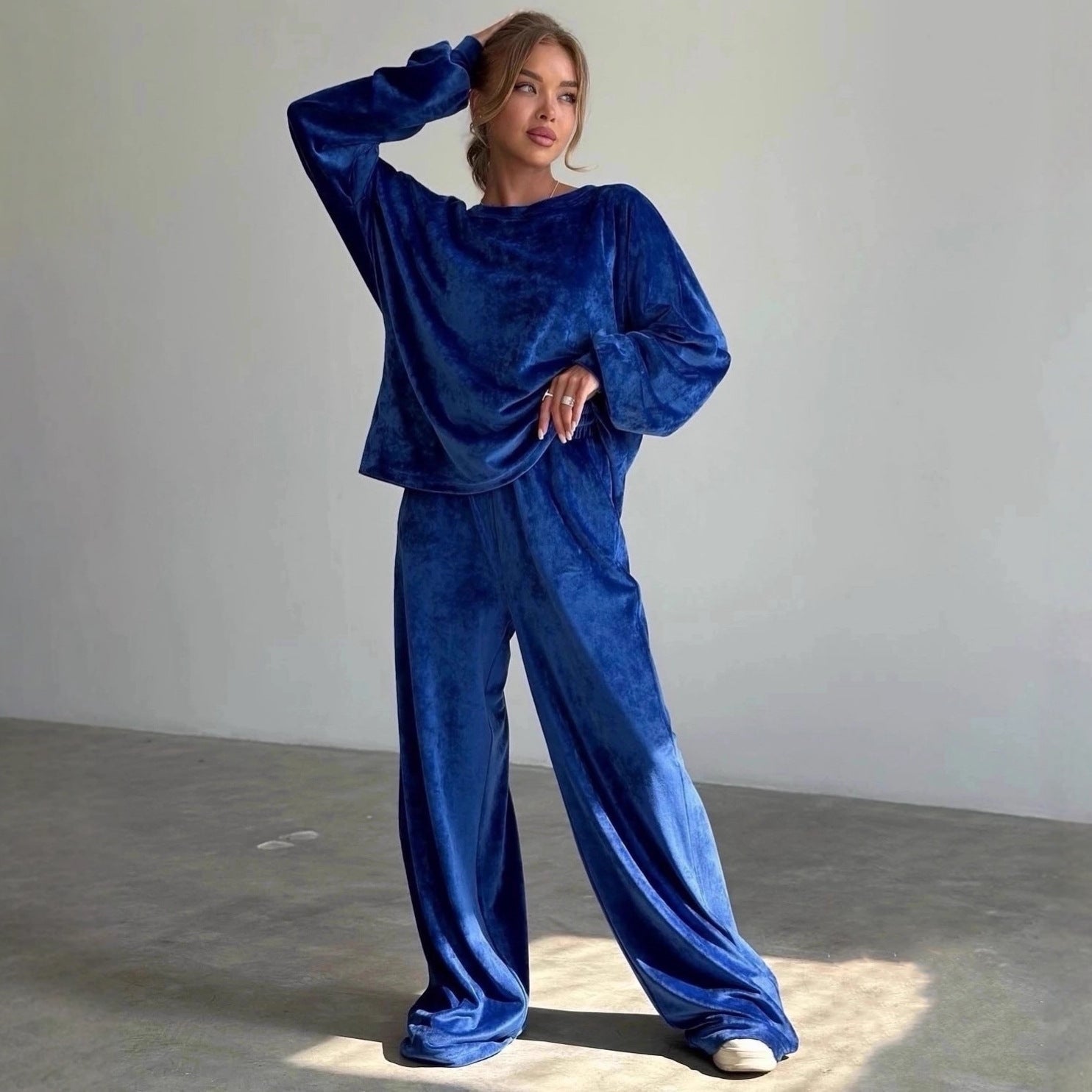 Damen Velours Jogginganzug Hochbund Weite Beine Schwarz Eveloria - Eveloria