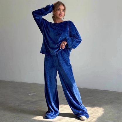 Damen Velours Jogginganzug Hochbund Weite Beine Schwarz Eveloria - Eveloria