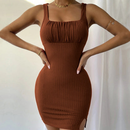 Eveloria Damen Rippkleid Quadrat-Ausschnitt Hoch-Schlitz Figurbetont